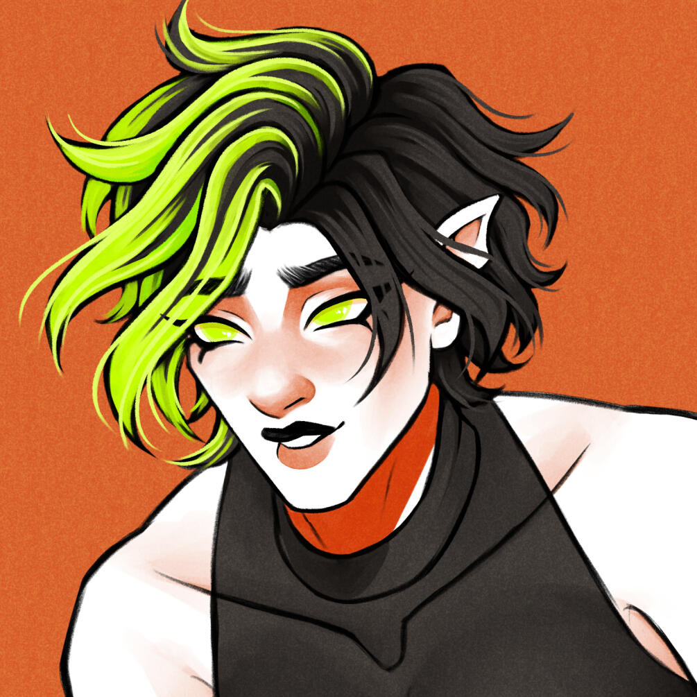 A close-up illustration of a male character with pale white skin and elf-like pointed ears staring slightly off screen with an amused smirk. He has dark hair with luminous streaks of neon green that match his pupil-less eyes.
