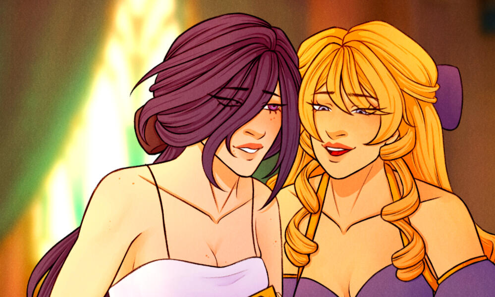 An illustration of two women characters sitting closely, shoulders touching as they appear to converse. Both have soft, yet happy expressions as one glances at something cut off from view and the other stares at her companion.