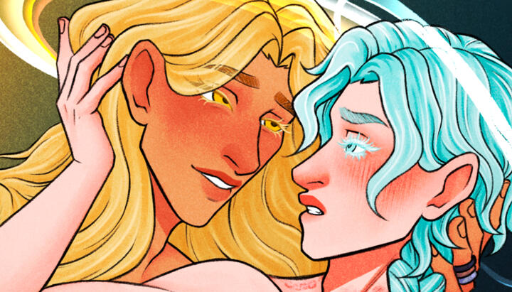 Commission Work A cropped illustration of two beautiful men, one with blond hair and lashes, golden irises, and bronze skin, and the other with peachy cheeks, icy blue hair and lashes, and cool blue irises. The golden man cradles the icy man's and the pair look lovingly i