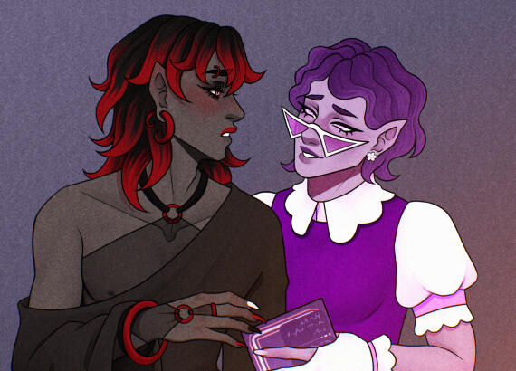 An illustration of two men sitting in the grass, watching each other with content expressions. One man leans back in the grass with his legs ahead of him, watching the other. The second man lays on his front, biting into a red apple with a cheeky tilt to h